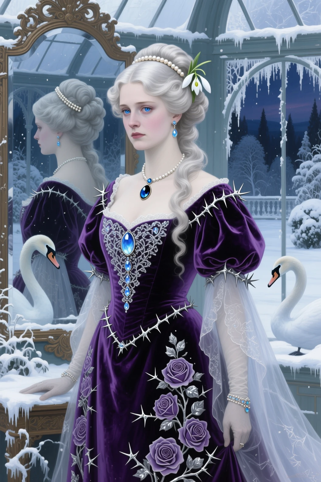 Winter princess in an opulent Edwardian glass conservatory
