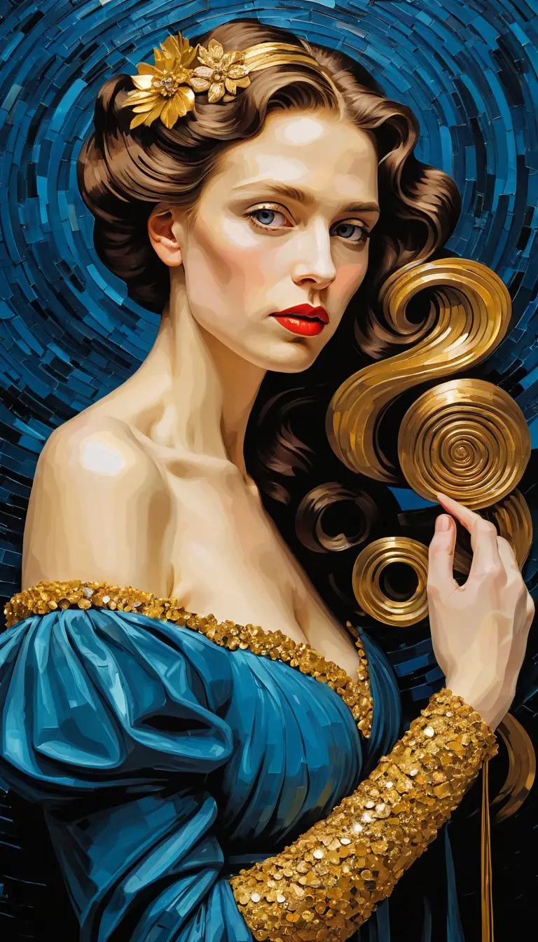 Sensual kneeling woman with golden ornamental body art