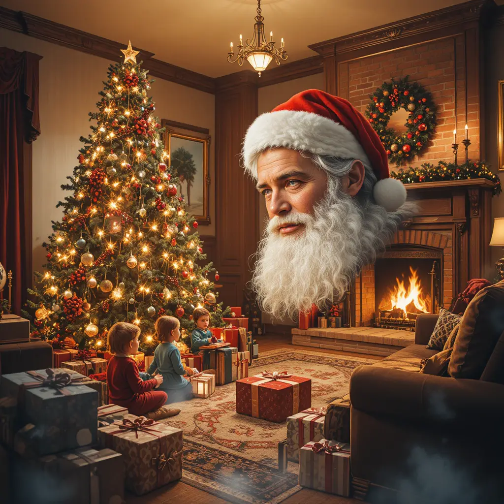 Warm 1950s Christmas living room with glowing tree and gifts