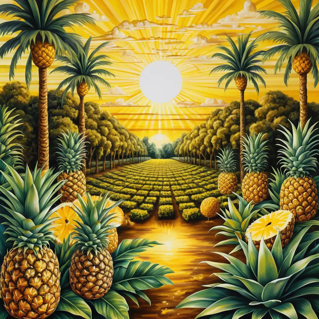 Surreal golden summer plantation at sunrise with pineapple trees