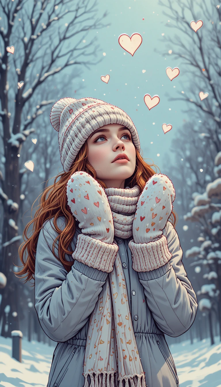 Fille en tenue d’hiver attrapant des flocons de neige en forme de cœur