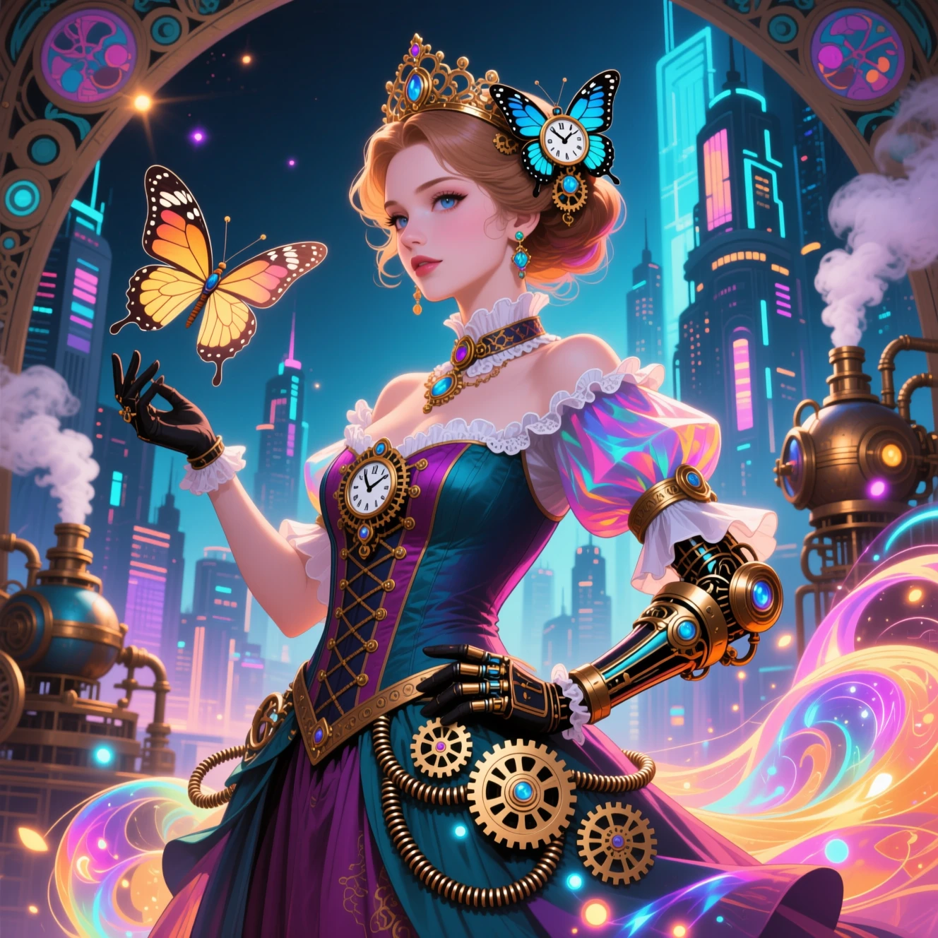 Steampunk-Prinzessinnenporträt in einer leuchtenden Fantasy-Stadtlandschaft