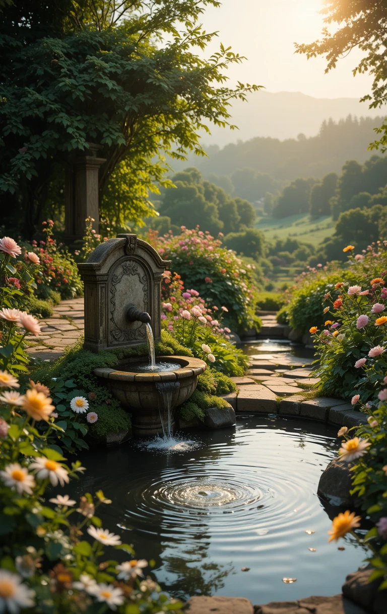 Fleurs de jardin luxuriantes baignées par la douce lumière de l’après-midi