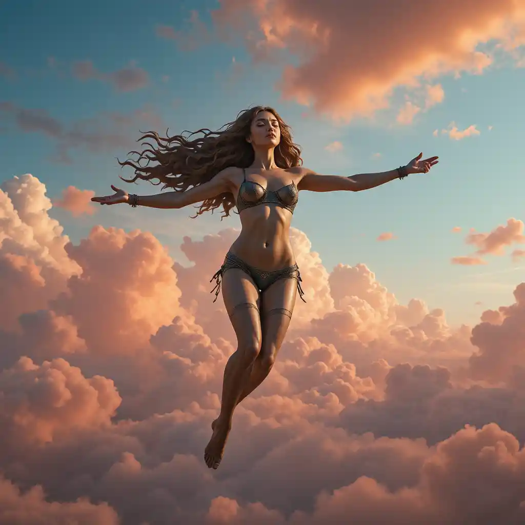 Statue en bronze d’une fille aux longs cheveux volant dans un ciel rouge