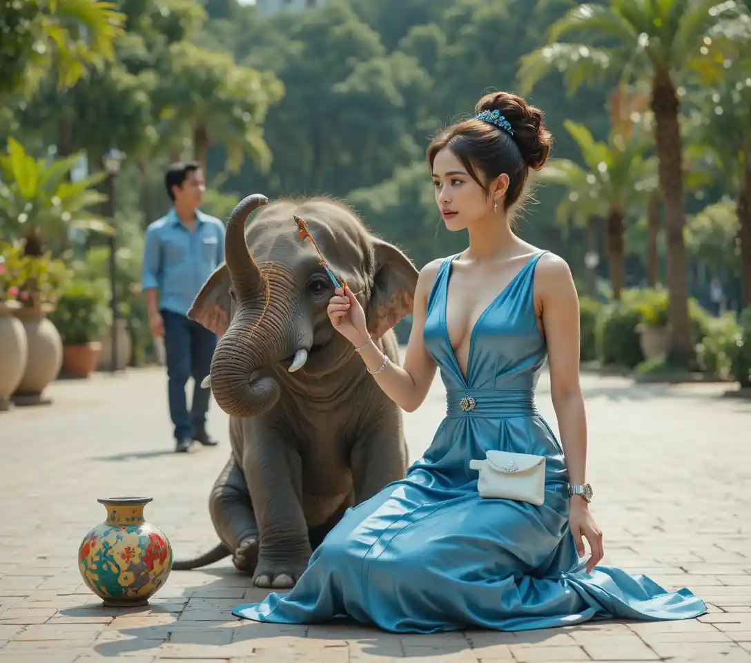 Giovane elefante giocherellone con cerchio colorato in un parco soleggiato