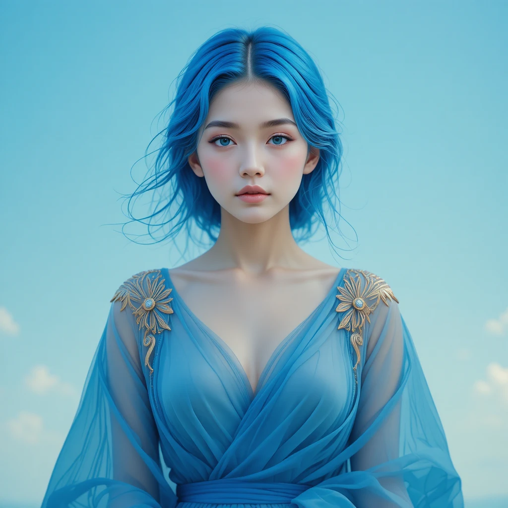Ritratto sereno di donna dai capelli blu in cielo da sogno