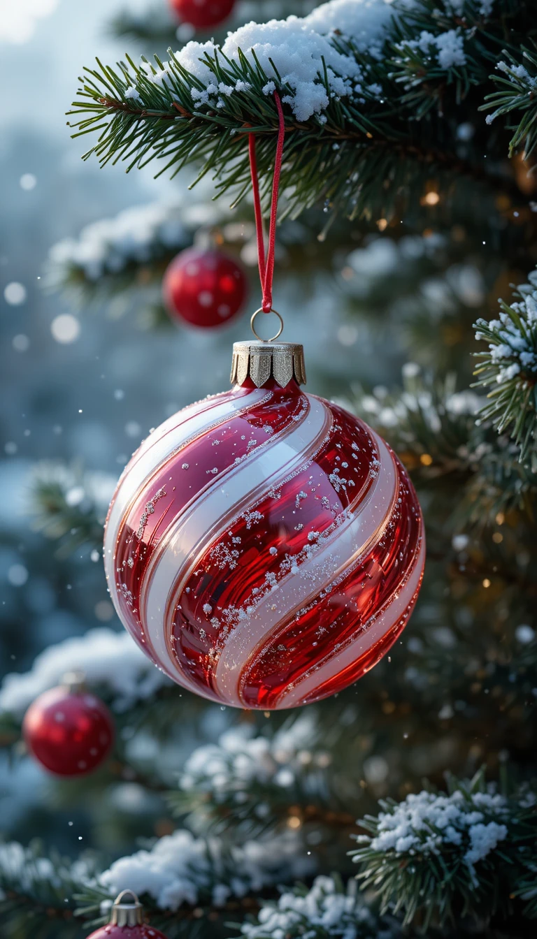 Red striped ornament on a snowy outdoor Christmas tree