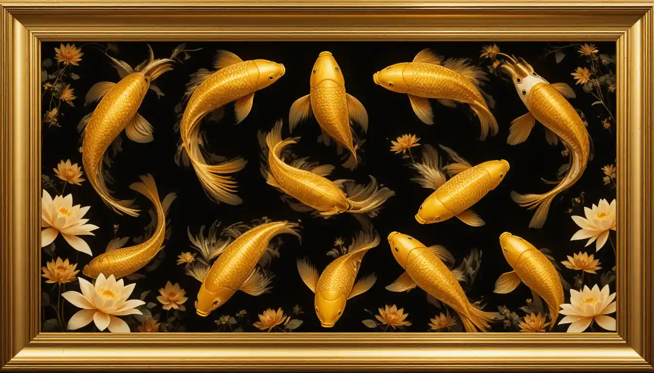 Peces koi dorados nadando dentro de una obra enmarcada y ornamentada