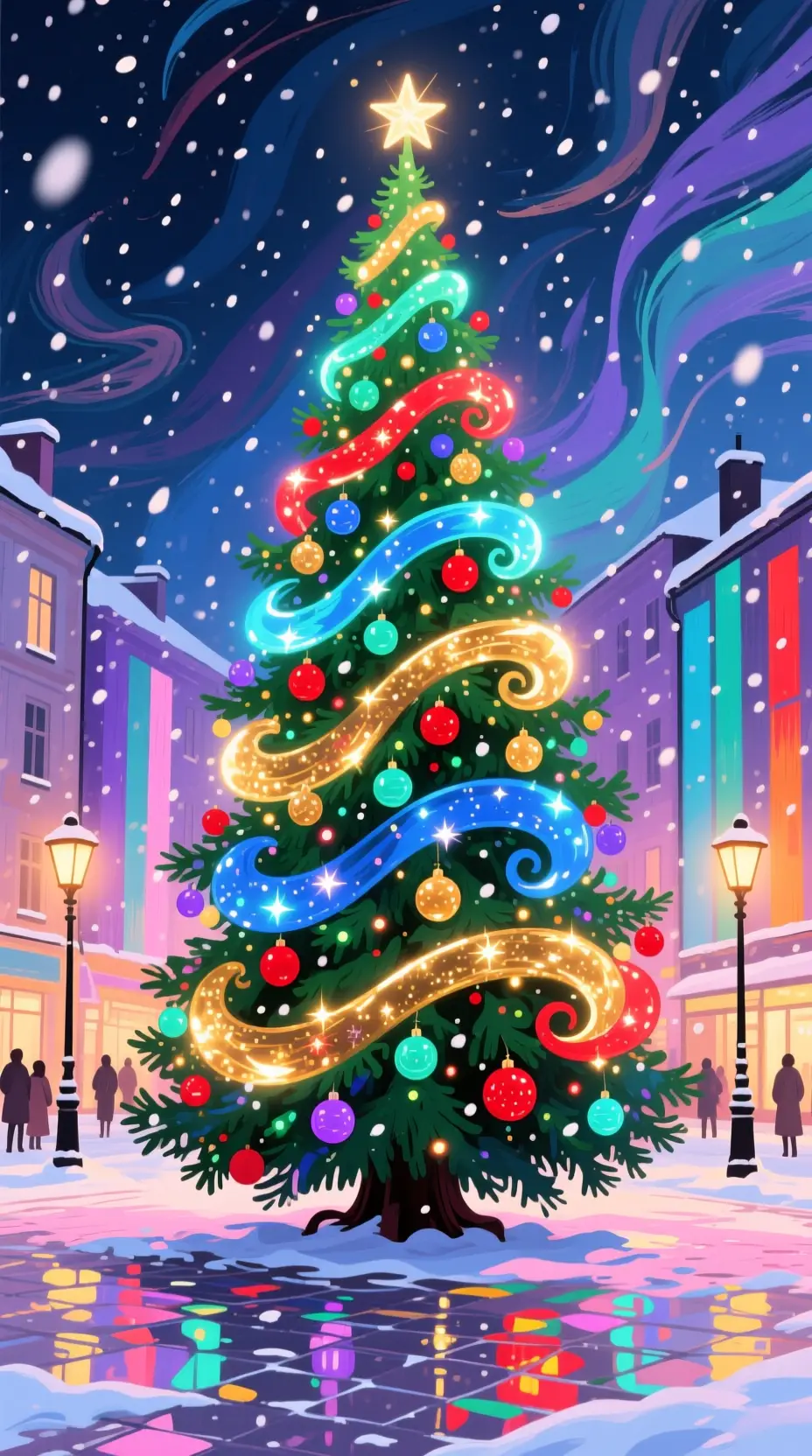 Abstract glowing Christmas tree in a festive town square