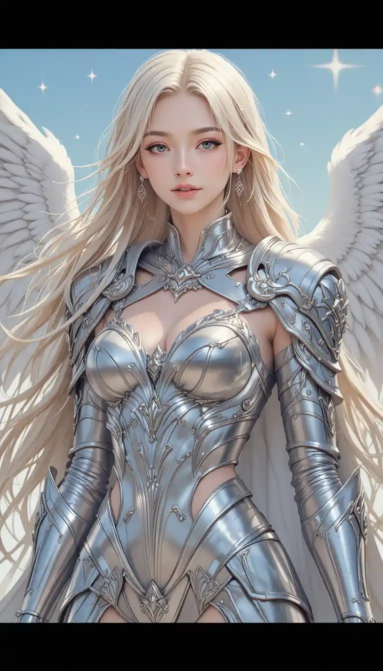 Armored angelic woman with silver wings in soft blue sky
