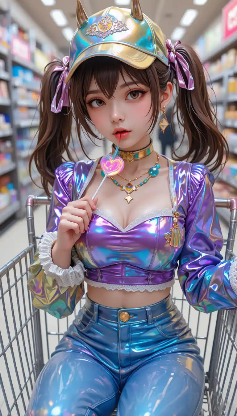 Anime girl in streetwear sitting in a supermarket trolley
