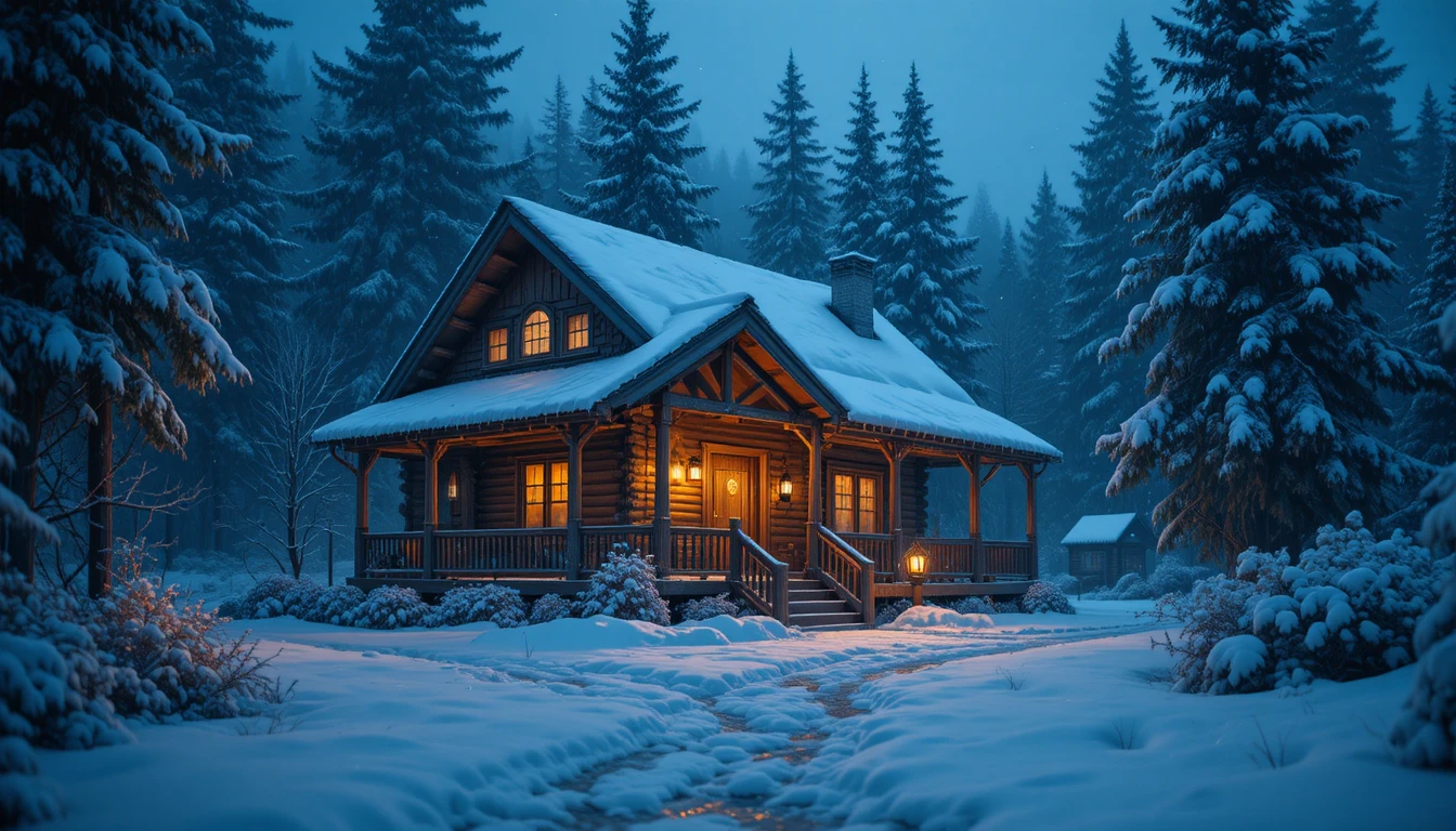Chalet douillet éclairé à la lanterne sous une paisible neige d’hiver