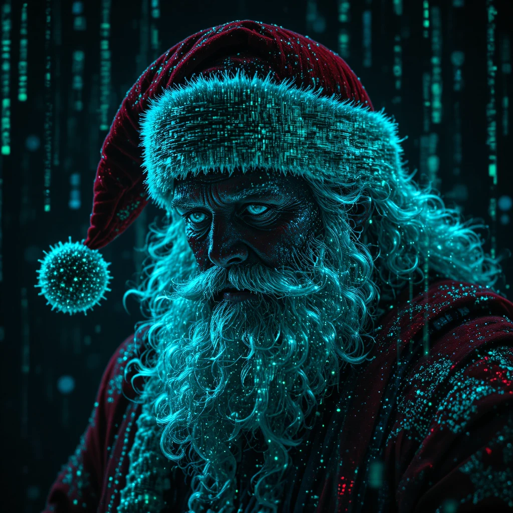 Cinematic neon Santa figure in glitchy digital matrix scene