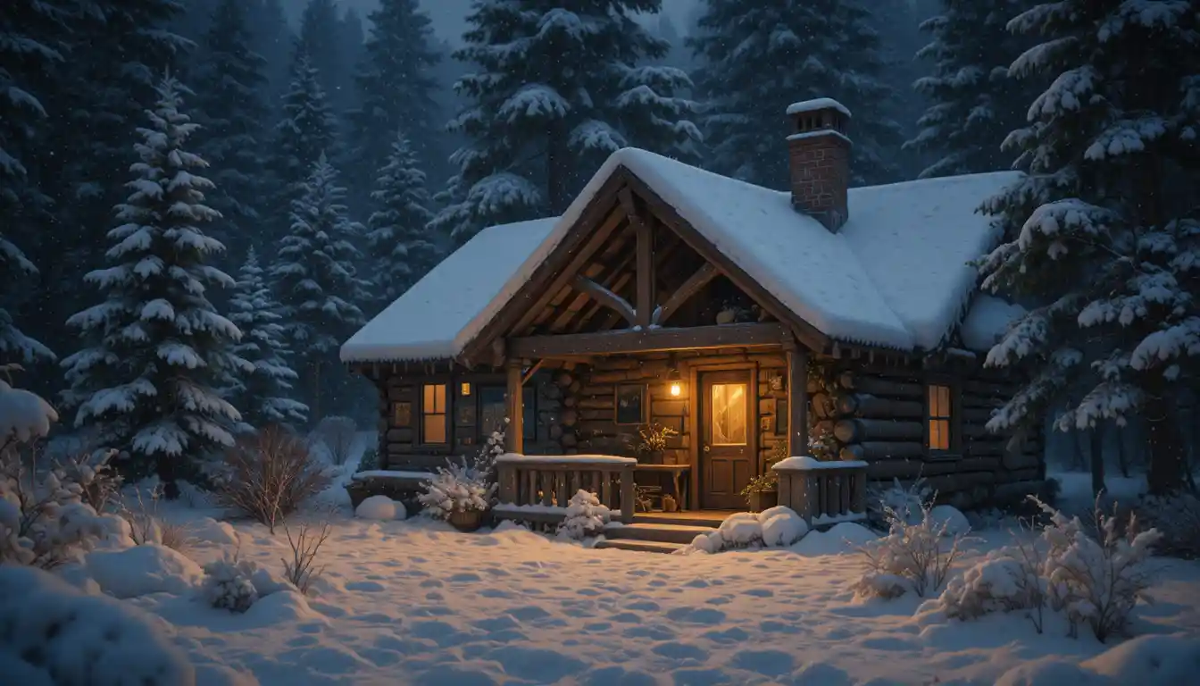 Gemütliche Winterhütte, die im fallenden Schnee warm leuchtet