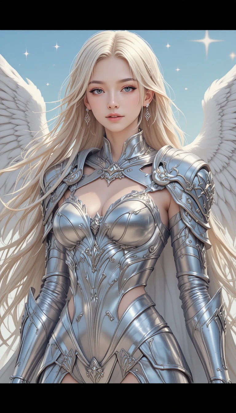 Armored angelic woman with silver wings in soft blue sky
