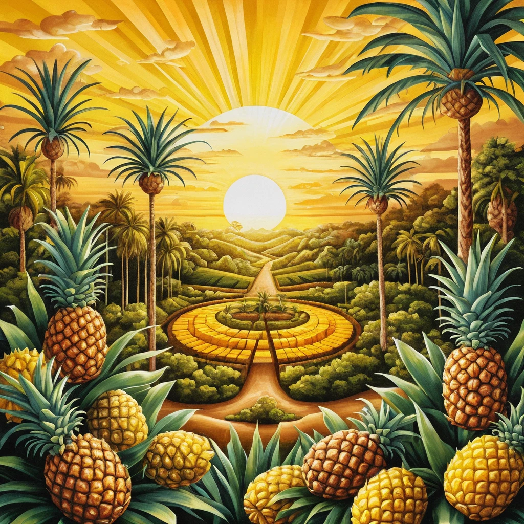 Plantação surreal ao nascer do sol com árvores de abacaxi douradas