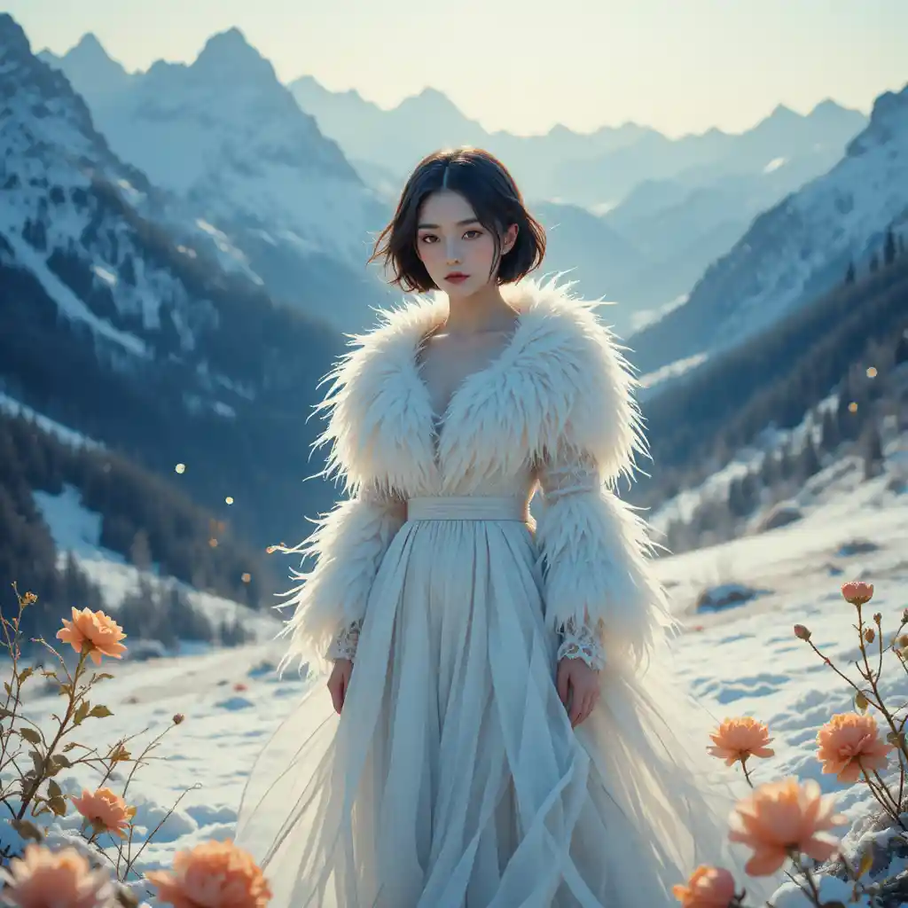 Femme éthérée dans des montagnes enneigées avec un arrière‑éclairage lumineux