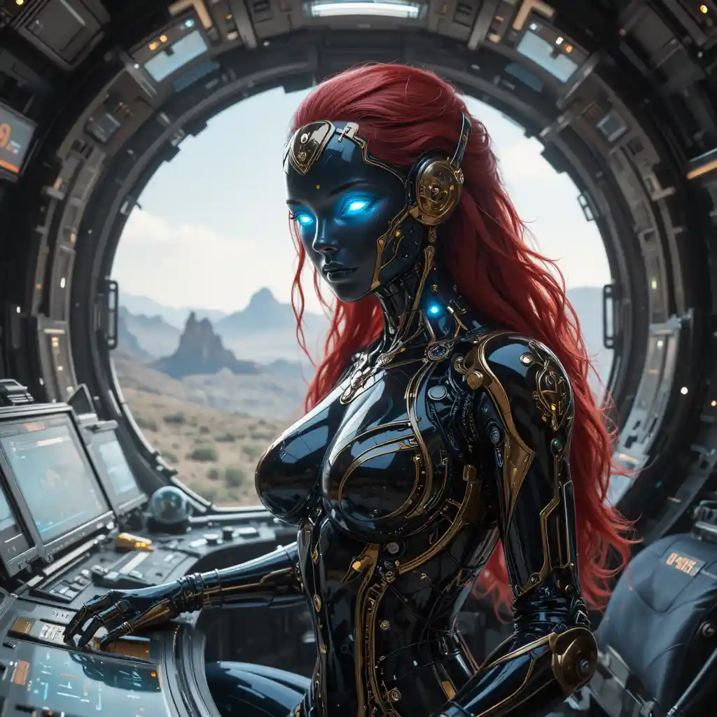 Weiblicher Cyborg-Kommandant in einem futuristischen Raumschiff-Cockpit