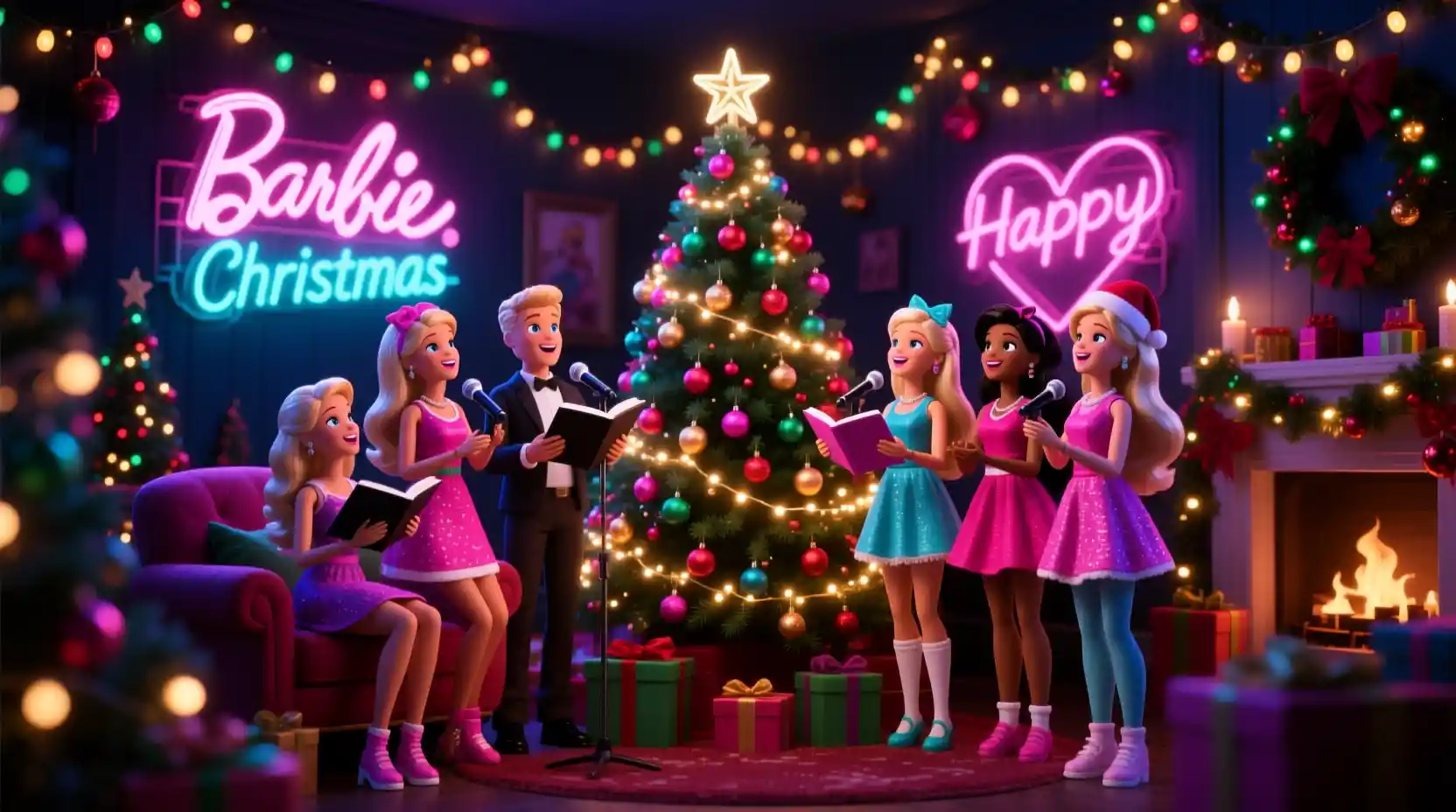 Bonecas de Natal reunidas ao redor de uma árvore festiva brilhante