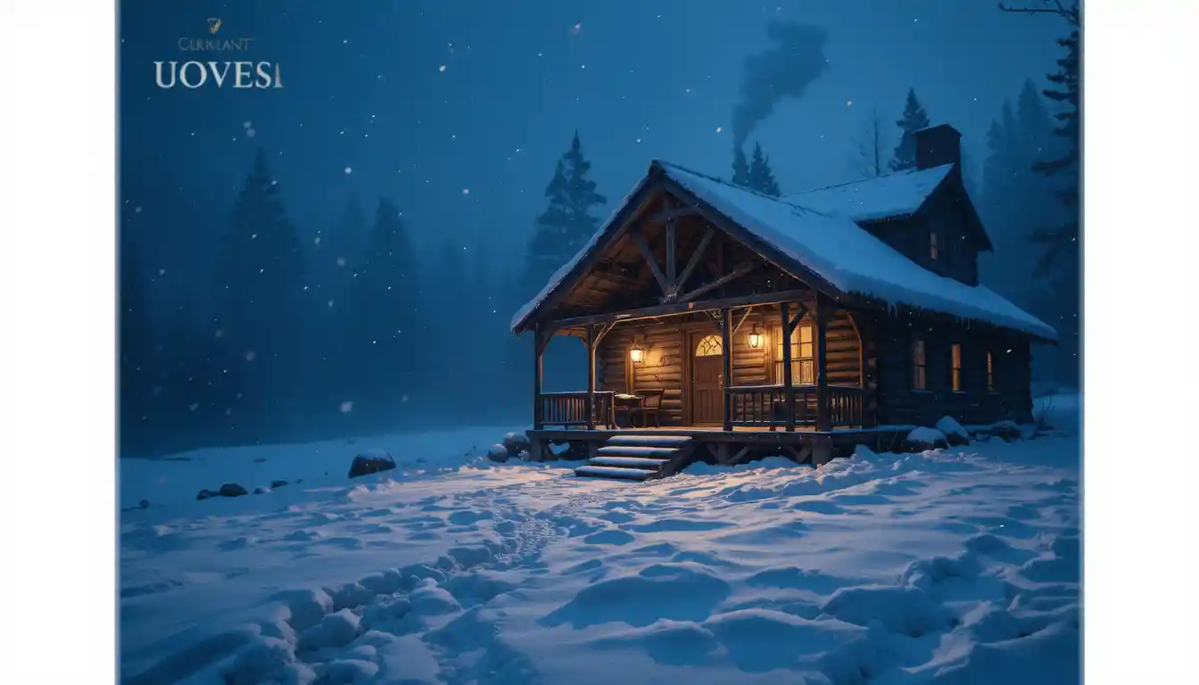 Cabana rústica brilhando à luz de lampiões na noite de inverno