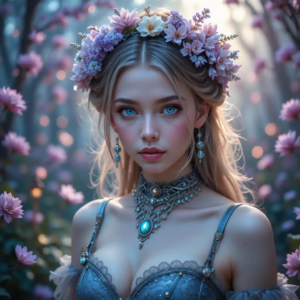 Fantasy girl with floral crown in glowing enchanted garden