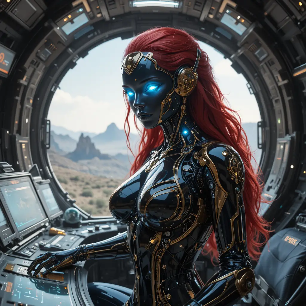Female cyborg commander in a futuristic spacecraft cockpit