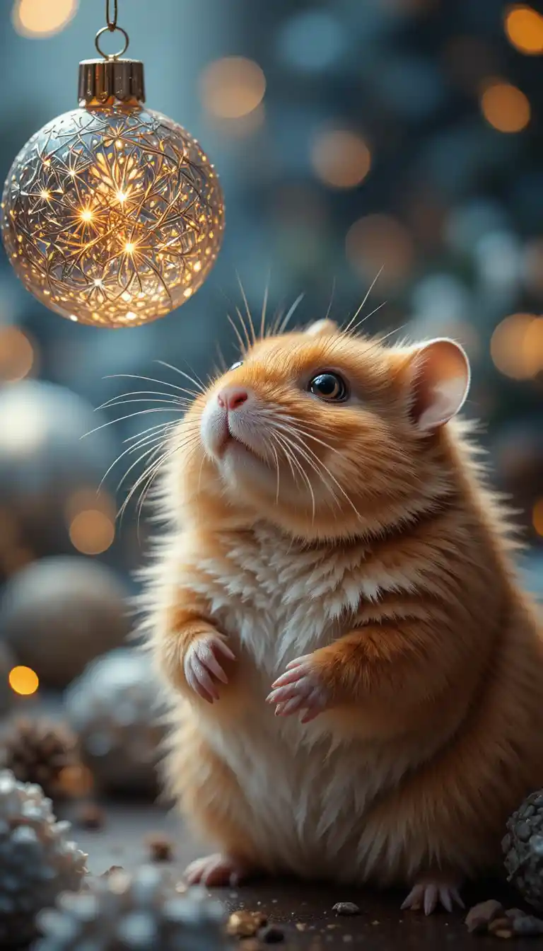 Adorável hamster dourado olhando para enfeite de Natal cintilante