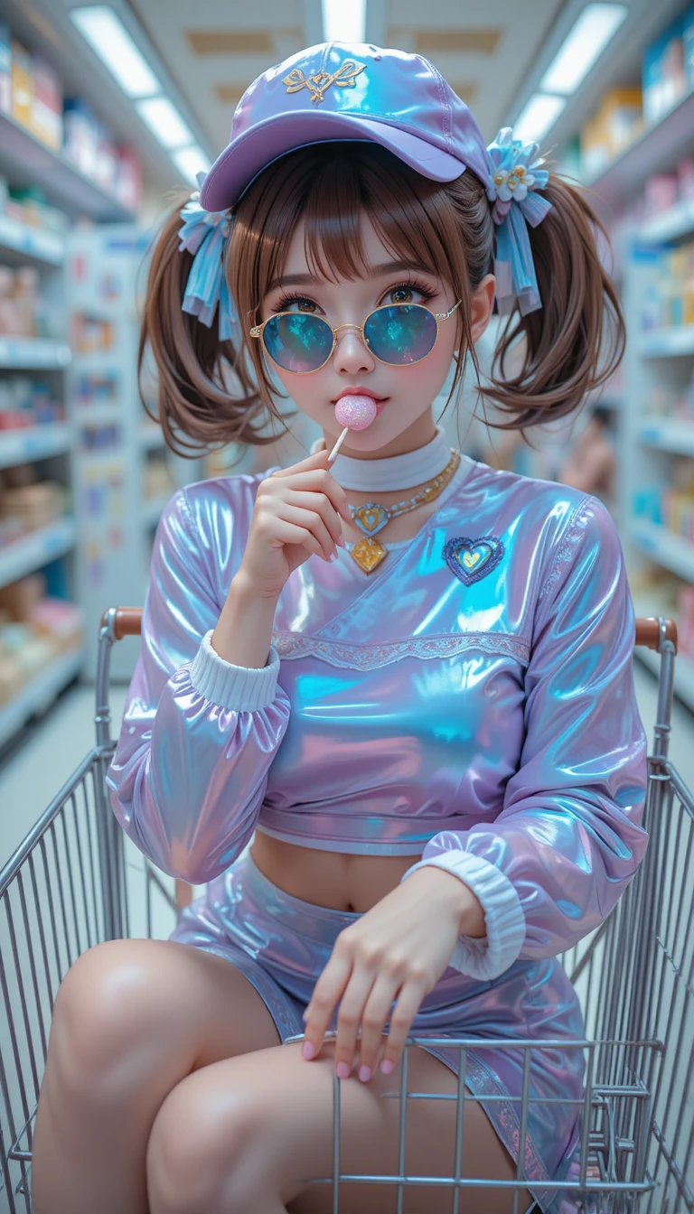 Süßes Anime-Mädchen in Streetwear sitzt in einem Einkaufswagen