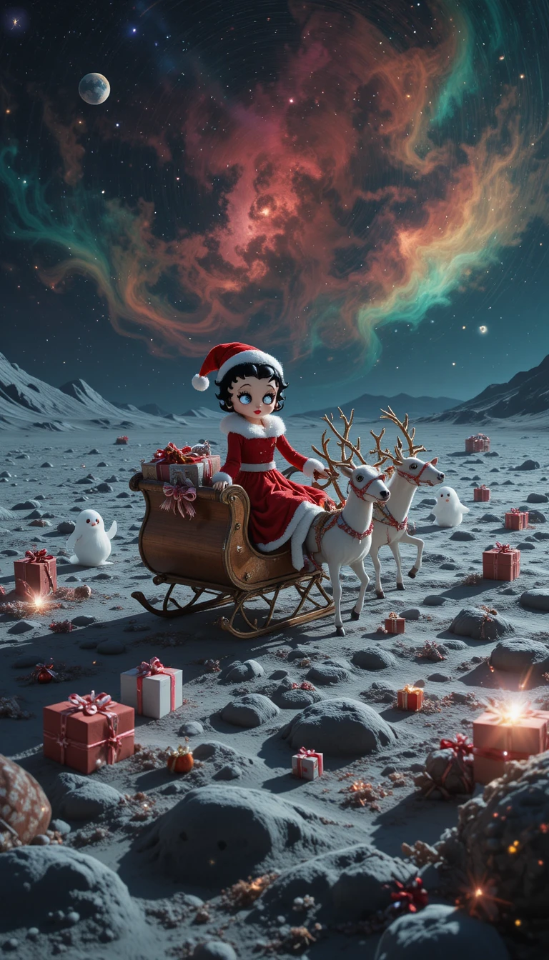 Santa-Girl fährt mit dem Schlitten über surreale Mondlandschaft