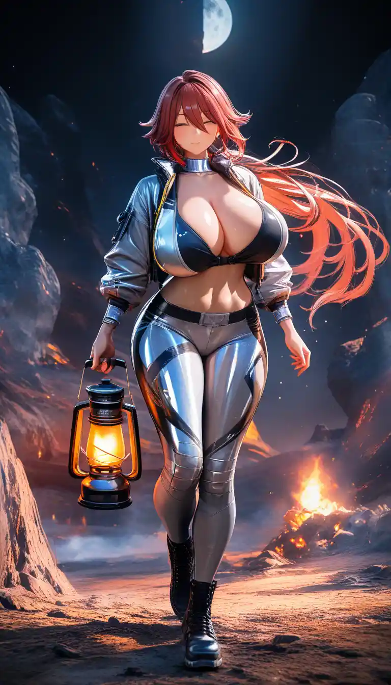 Moonlit huntress goddess with bow by a glowing campfire