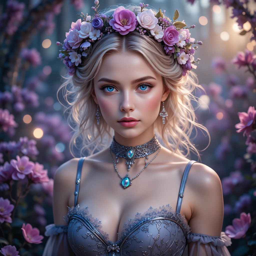 Fantasy girl with floral crown in enchanted garden glow
