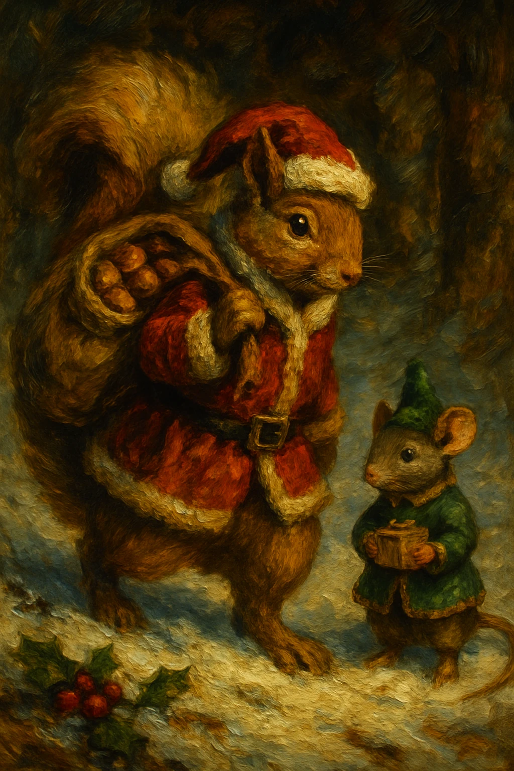 Festlicher Eichhörnchen-Weihnachtsmann im verschneiten Wald