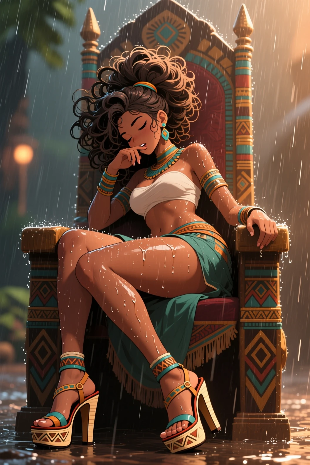 Mystical anime woman sleeping on a tribal throne in rain