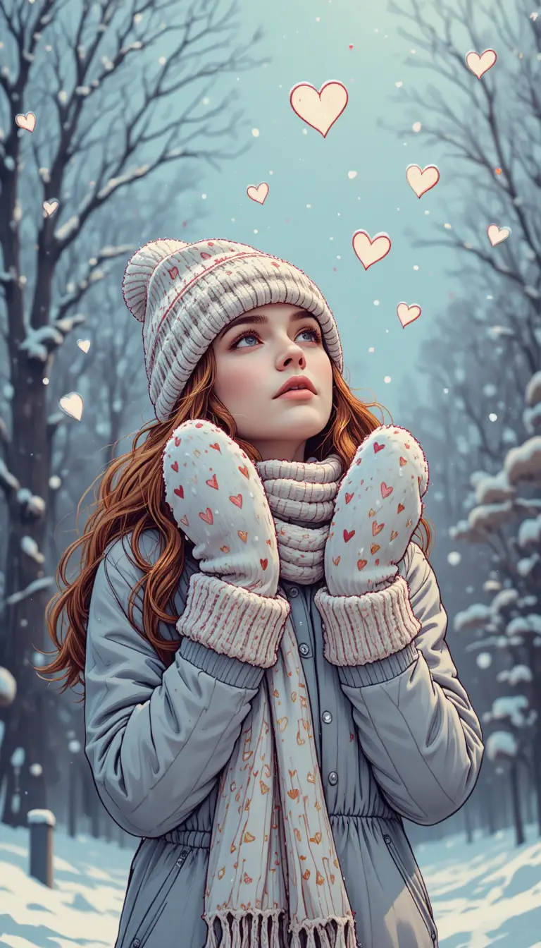Girl in winter clothes catching heart shaped snowflakes