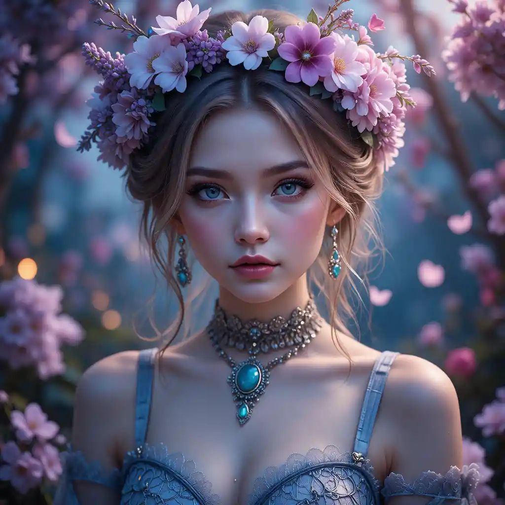 Enchanted girl with floral crown in glowing garden
