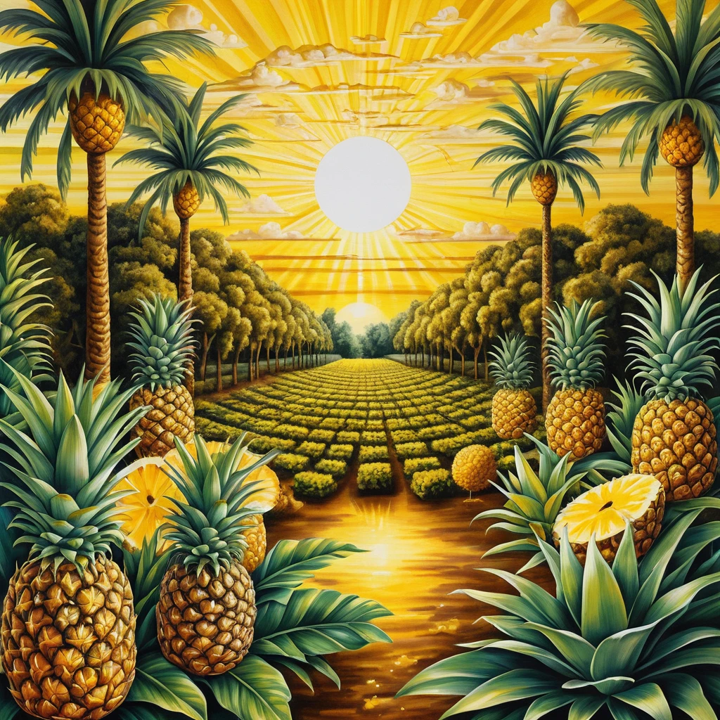 Surreal golden summer plantation at sunrise with pineapple trees
