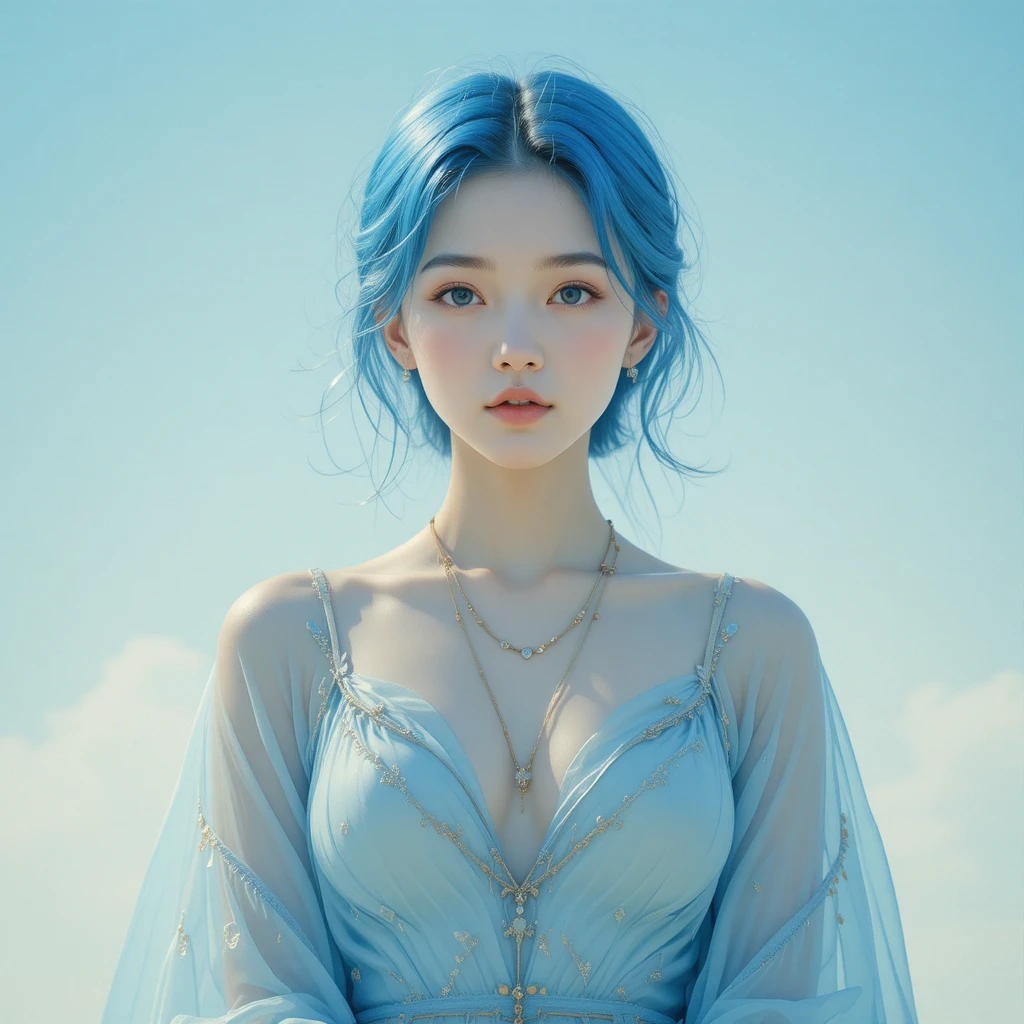 夢幻天空中寧靜的藍髮女子肖像