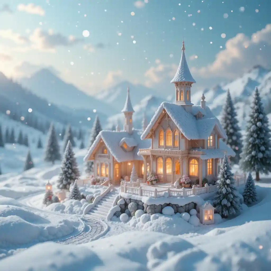 Verspieltes Winterdorf-Diorama im sanft fallenden Schnee