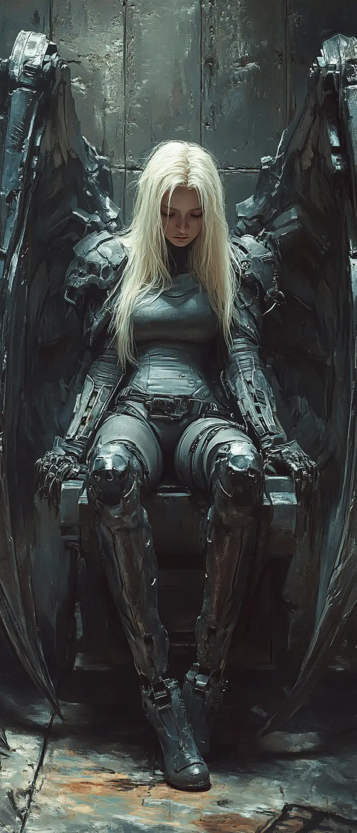 Solitary sci fi woman with mechanical wings in armor