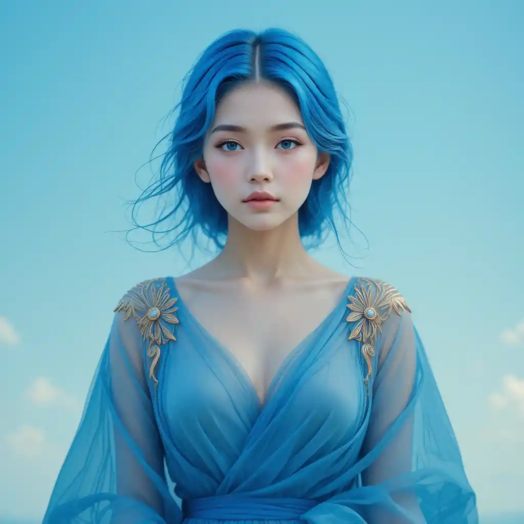 Ritratto sereno di donna dai capelli blu in cielo da sogno
