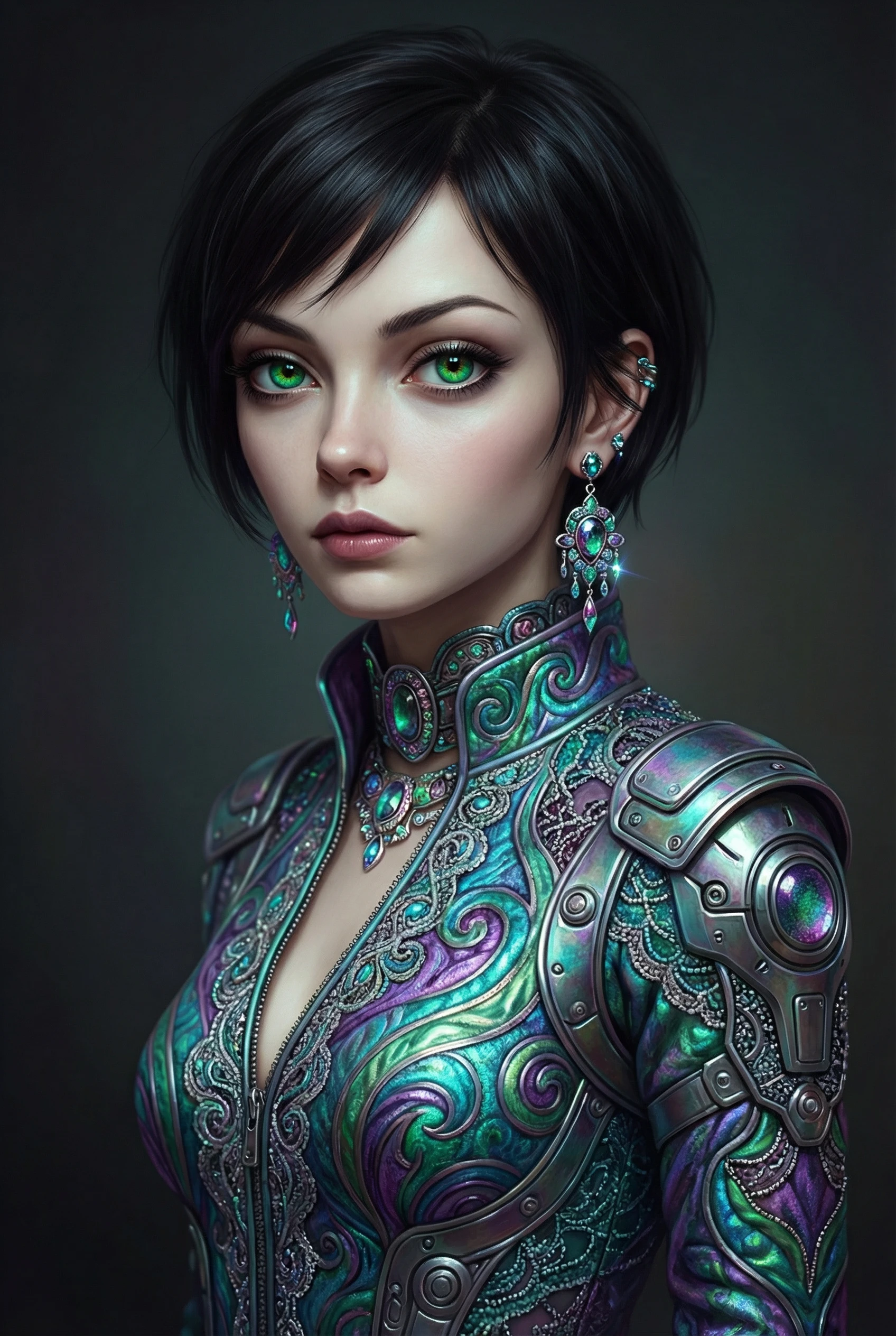Futuristic woman in iridescent patterned fashion portrait