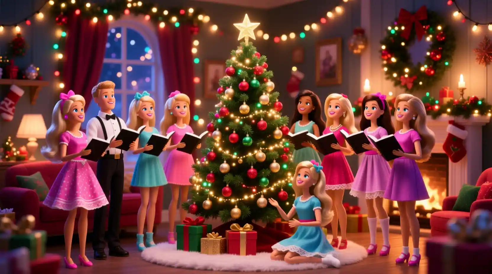 Des Poupées Réunies Autour d’un Sapin de Noël Festif