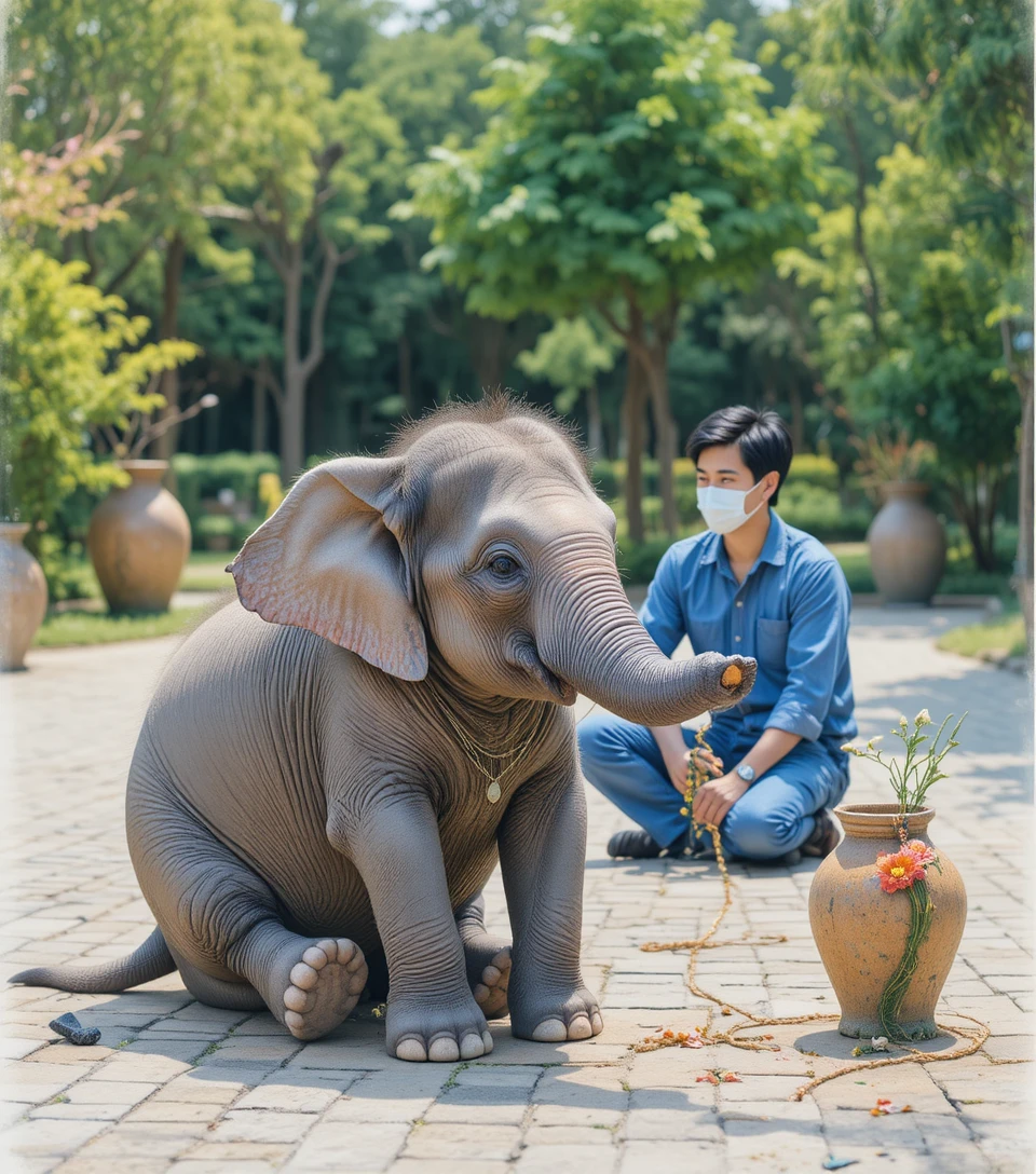 Junger Elefant spielt im Freien mit einem bunten Reifen