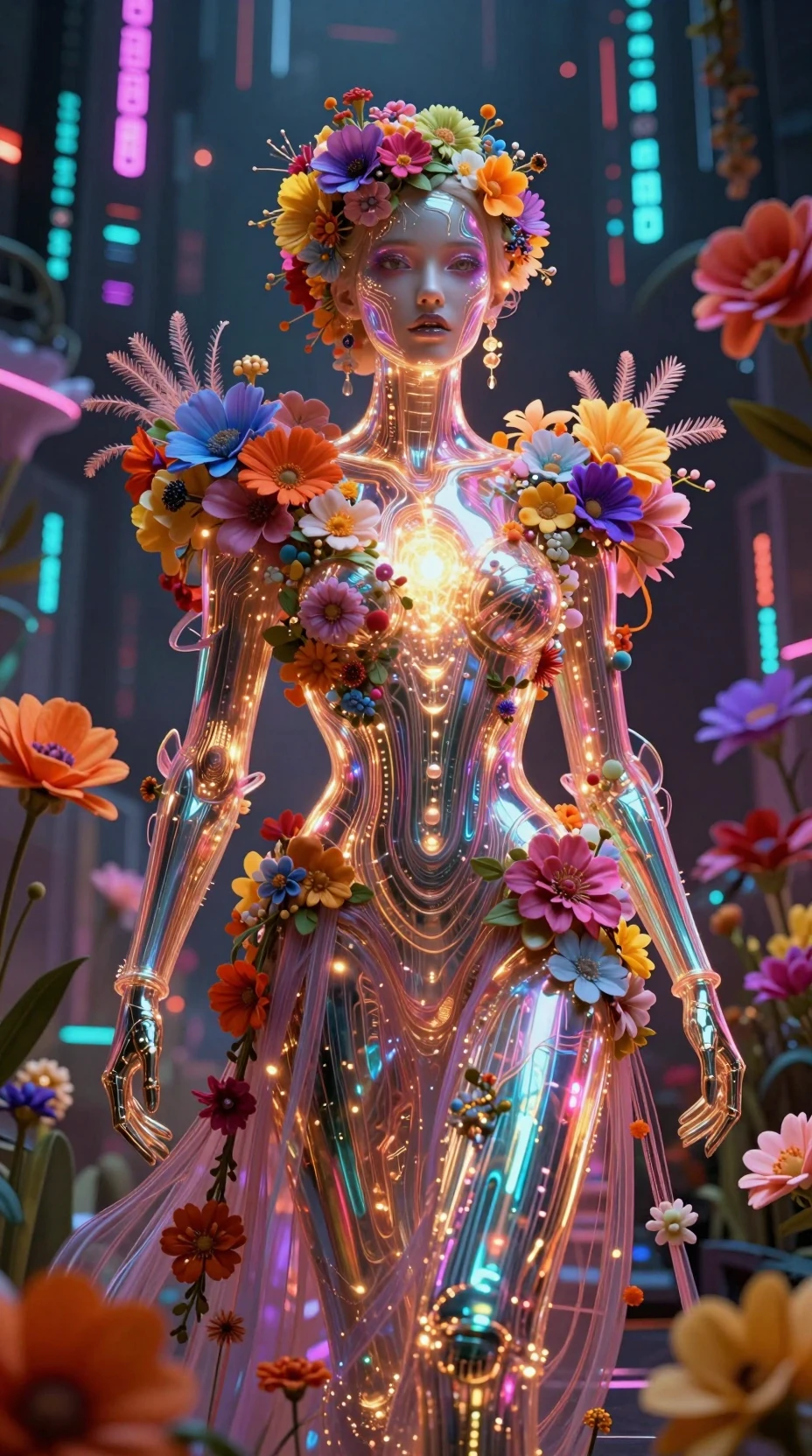 Floral humanoid robot fashionista in a digital data realm