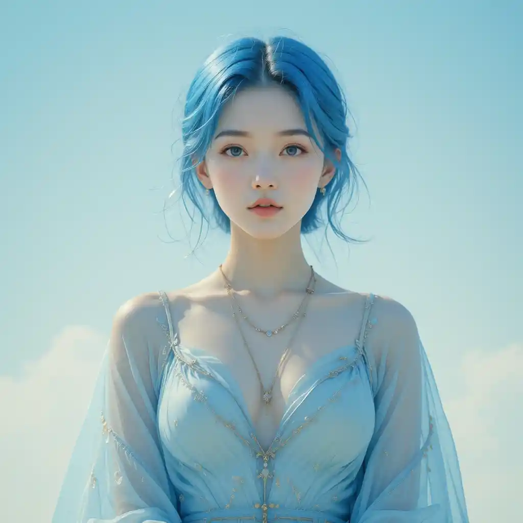 夢幻天空中寧靜的藍髮女子肖像