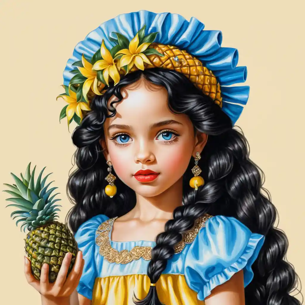 Cute summer girl holding pineapples in yellow dress