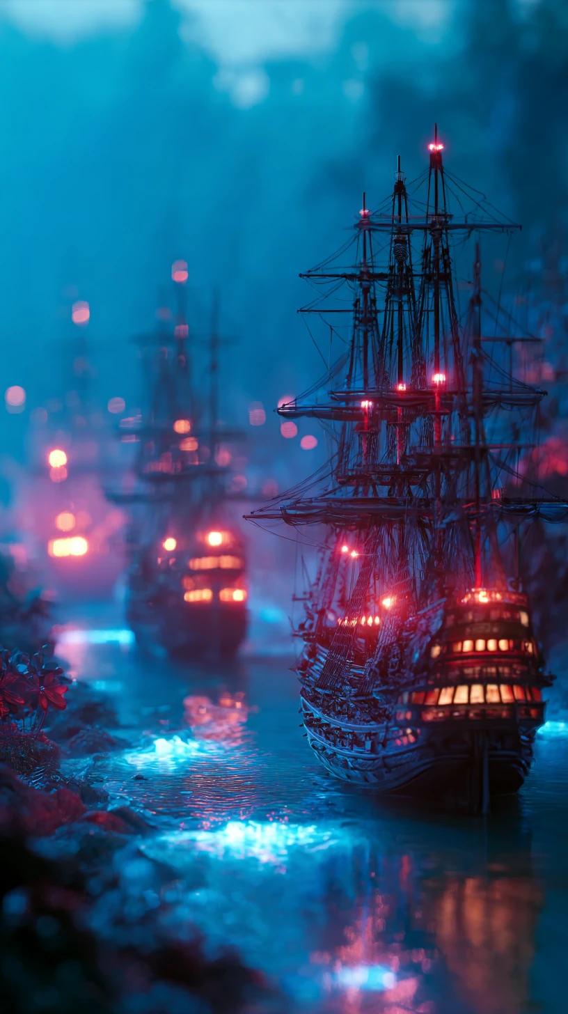 Futuristic galleon warships glowing offshore at dusk