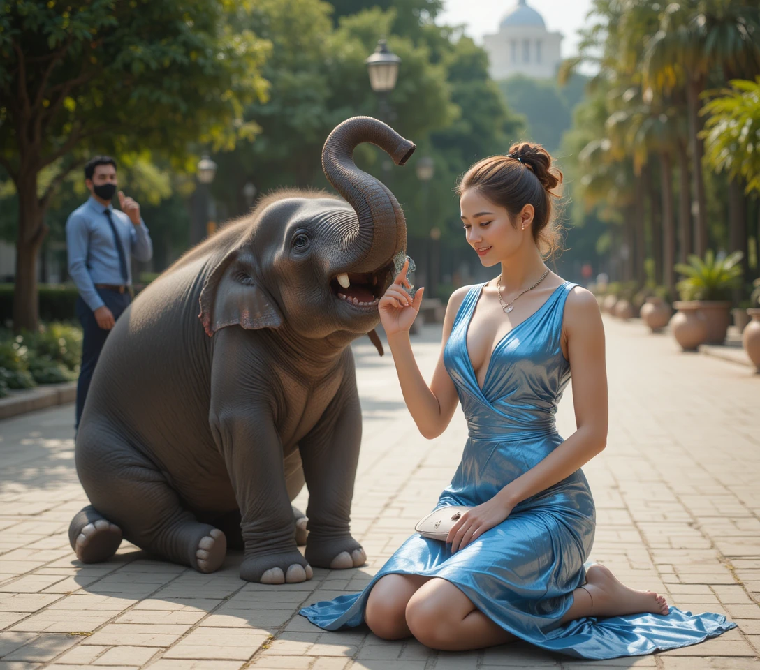 Giovane elefante che gioca con un cerchio colorato nel parco
