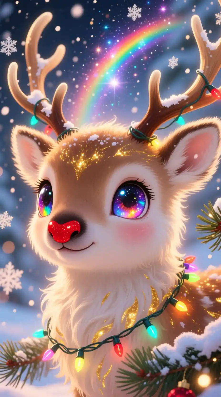 Cute baby reindeer portrait with glowing nose and lights