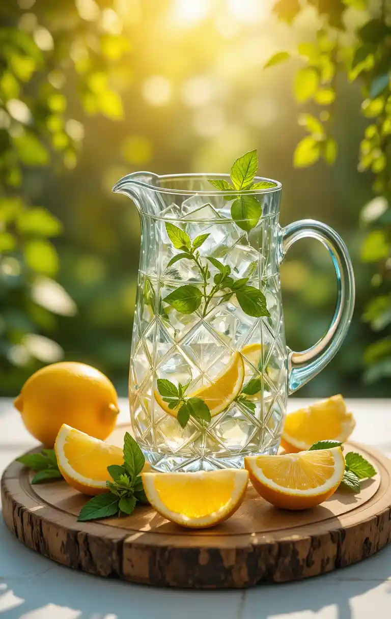 Caraffa di cristallo controluce con spicchi di limone e menta fresca